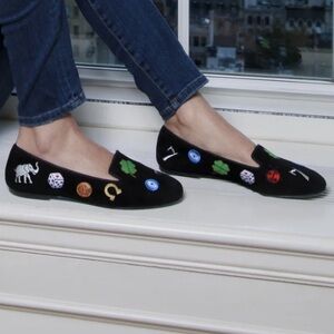 Nicky Hilton x French Sole Lucky Embroidered Black Suede Flats Size 6